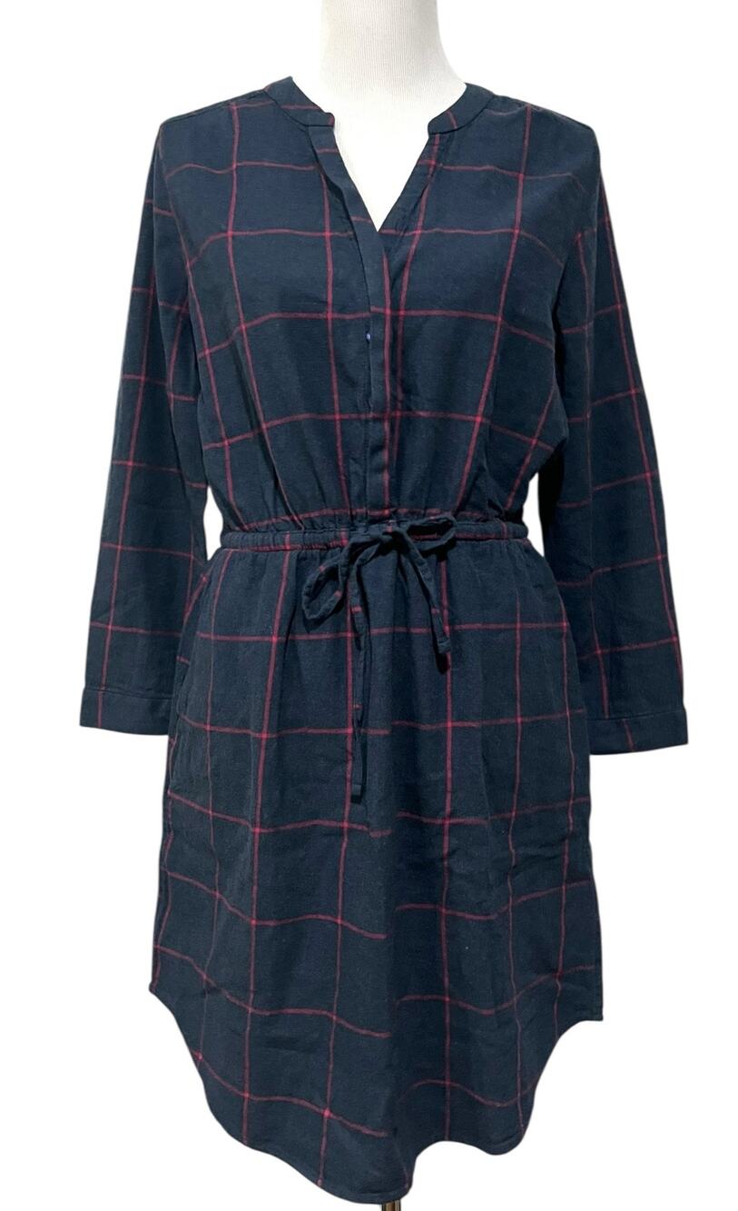 Prana Loop To Pines Flannel Shirt Dress Plaid Organic Cotton Drawstring Waist M